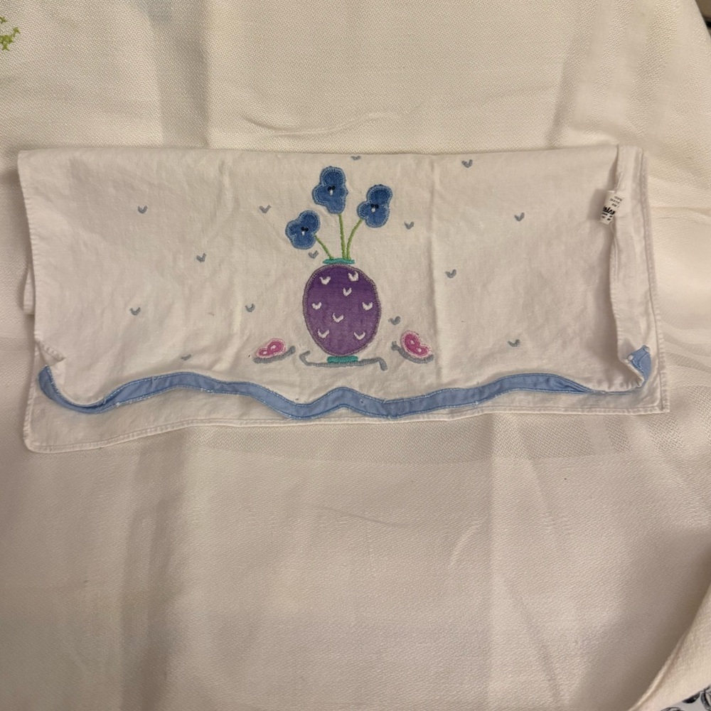 Vintage White Cloth table cover with Purple and Blue Floral Design #17